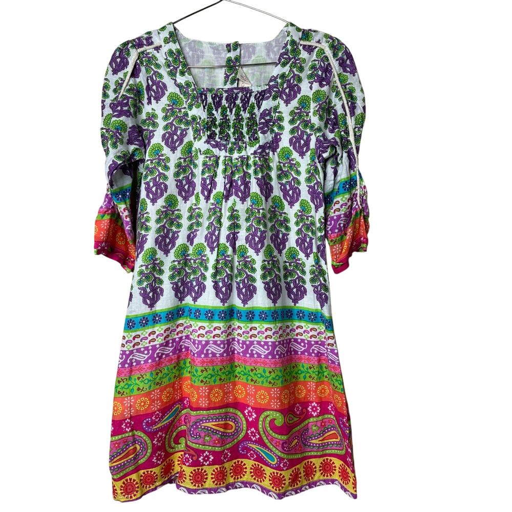 Yo Baby Girls Boho Style Colorful Dress With Smocked Neckline Size 6 Cotton